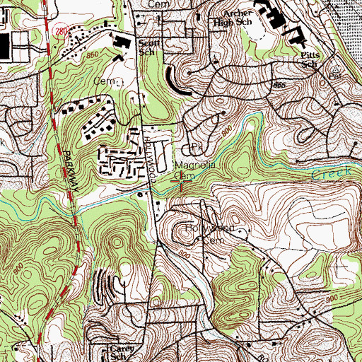 Topographic Map of Magnolia Cemetery, GA