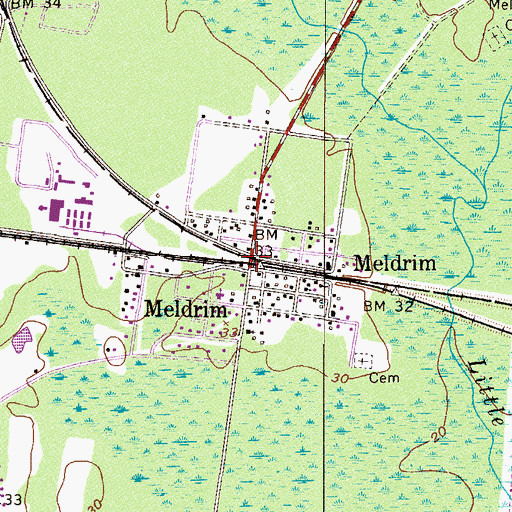 Topographic Map of Meldrim, GA
