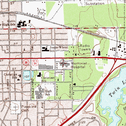 Topographic Map of Memorial Hospital and Manor, GA