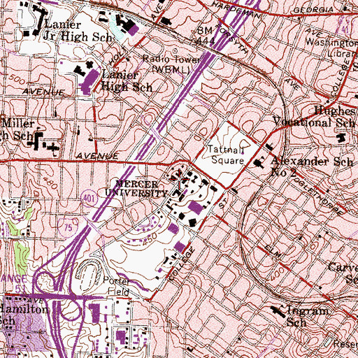 Topographic Map of Mercer University, GA