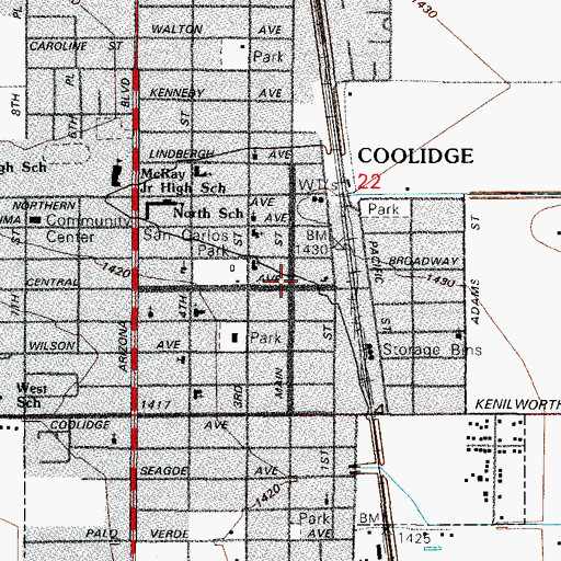 Topographic Map of Coolidge, AZ
