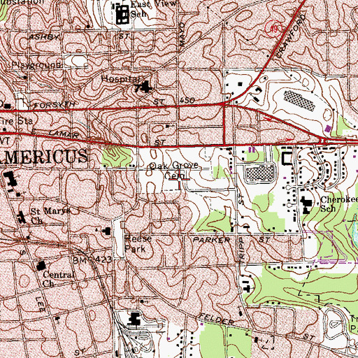 Topographic Map of Oak Grove Cemetery, GA