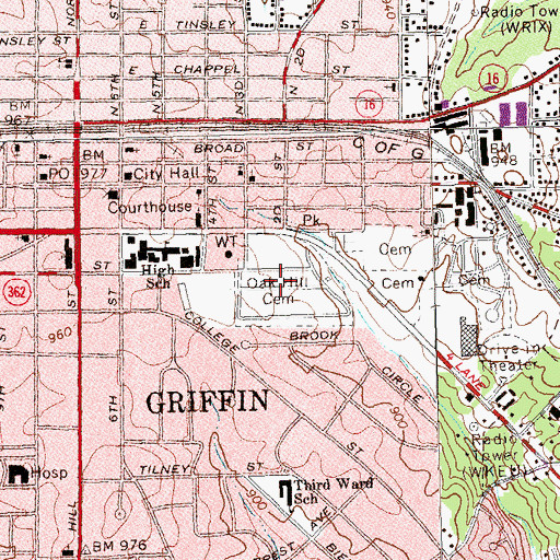 Topographic Map of Oak Hill Cemetery, GA