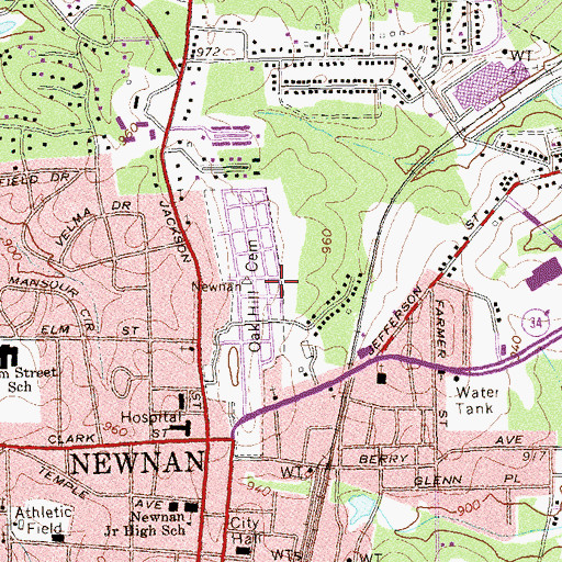 Topographic Map of Oak Hill Cemetery, GA