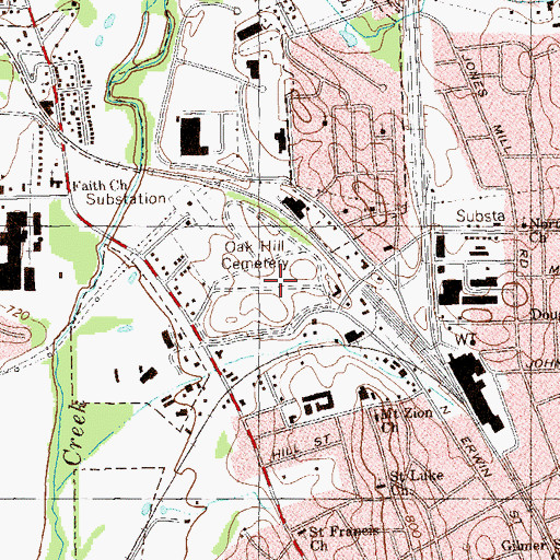 Topographic Map of Oak Hill Cemetery, GA