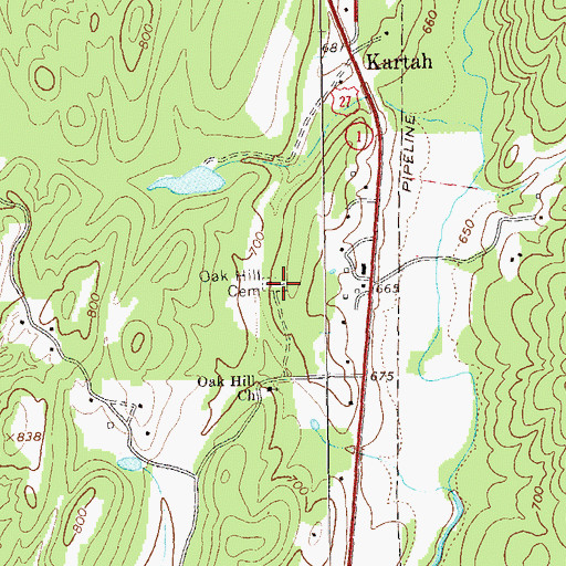 Topographic Map of Oak Hill Cemetery, GA