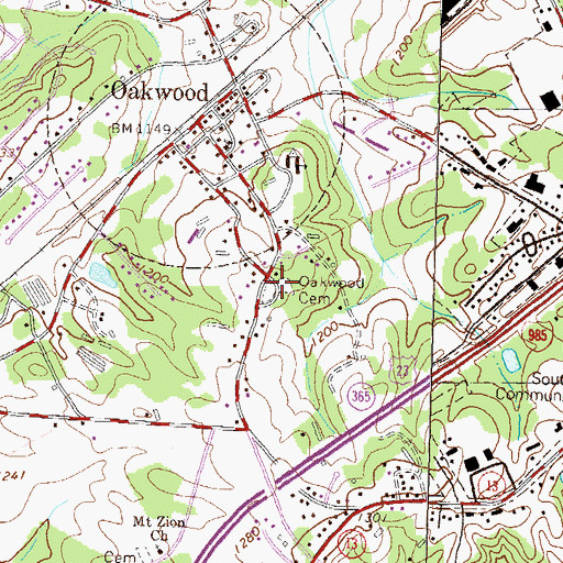 Topographic Map of Oakwood Cemetery, GA