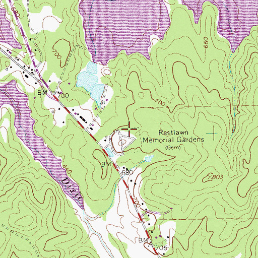 Topographic Map of Restlawn Memorial Gardens, GA