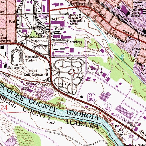 Topographic Map of Riverdale Cemetery, GA