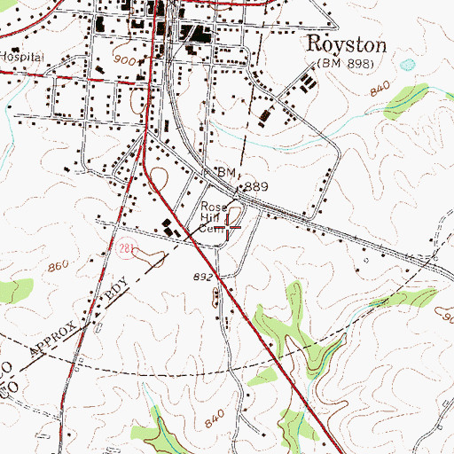 Topographic Map of Rose Hill Cemetery, GA