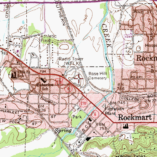 Topographic Map of Rose Hill Cemetery, GA