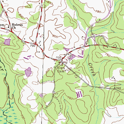 Topographic Map of Sims Cemetery, GA
