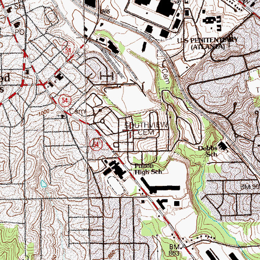 Topographic Map of South View Cemetery, GA