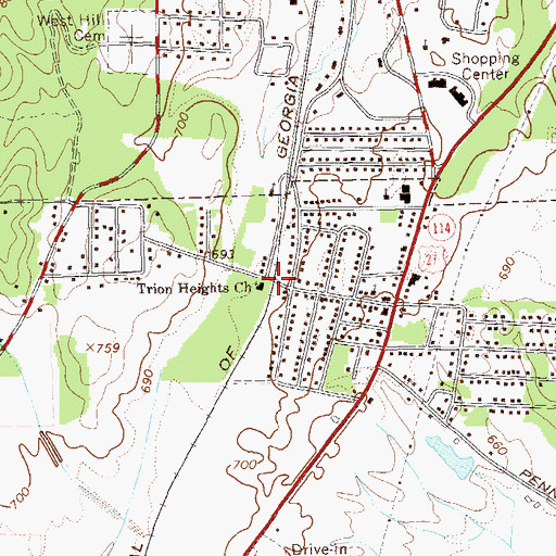 Topographic Map of Trion Heights Baptist Church, GA