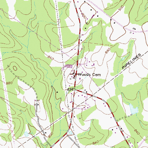 Topographic Map of Woods Cemetery, GA