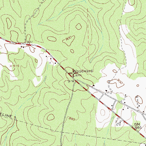 Topographic Map of Woodward Cemetery, GA