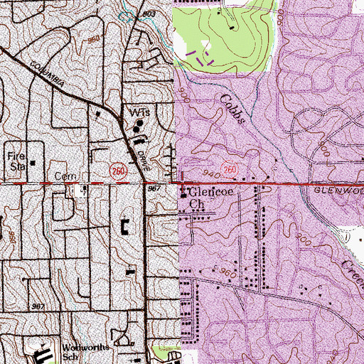 Topographic Map of Glencoe Church, GA