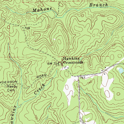 Topographic Map of Hawkins Crossroads, GA