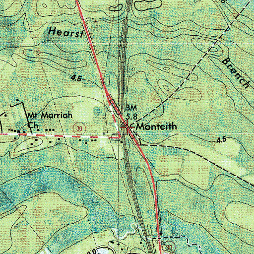 Topographic Map of Monteith, GA