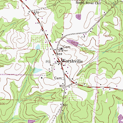 Topographic Map of Worthville, GA