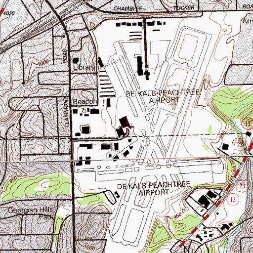 Topographic Map of Dekalb-Peachtree Airport, GA
