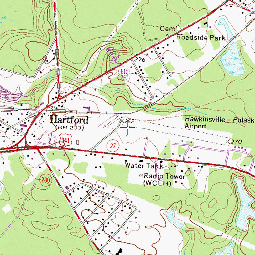 Topographic Map of Hawkinsville-Pulaski County Airport, GA