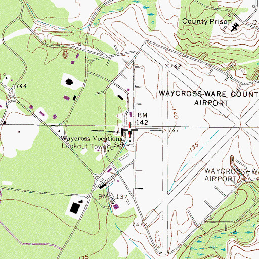 Topographic Map of Waycross-Ware County Airport, GA