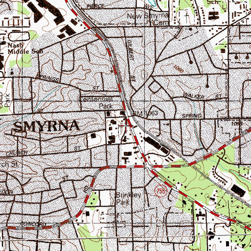 Topographic Map of Smyrna Memorial Cemetery, GA