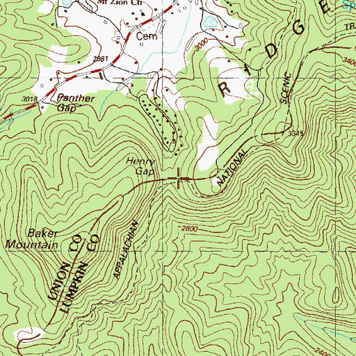 Topographic Map of Henry Gap, GA