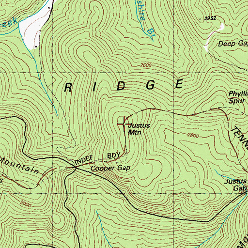 Topographic Map of Justus Mountain, GA