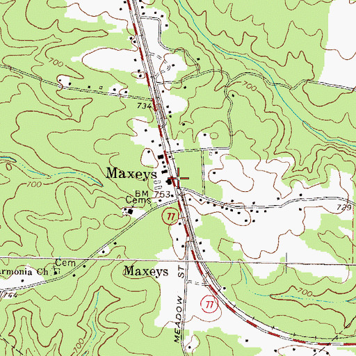 Topographic Map of Maxeys, GA