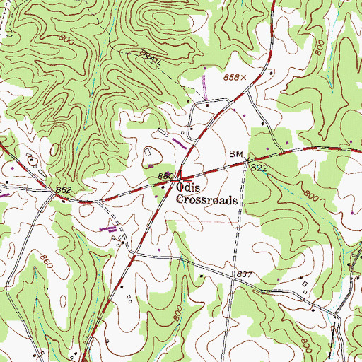 Topographic Map of Odis Crossroads, GA