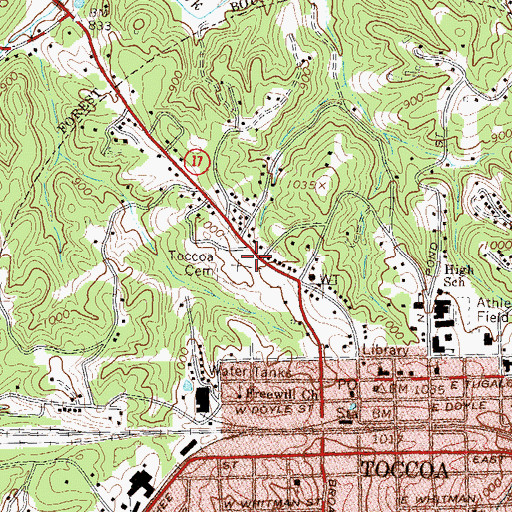 Topographic Map of Toccoa Cemetery, GA
