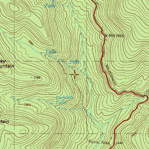 Topographic Map of DeSoto Falls Trail, GA