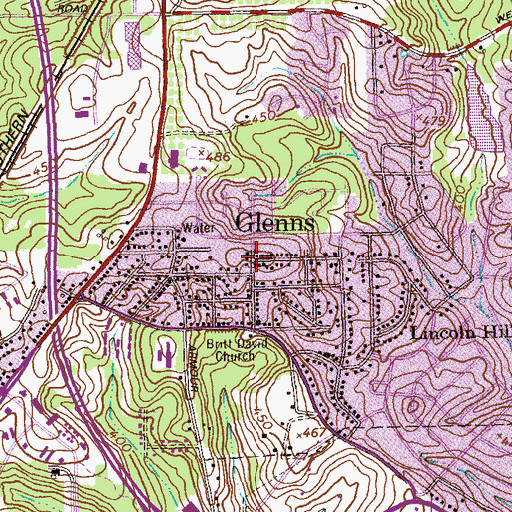 Topographic Map of Glenns, GA