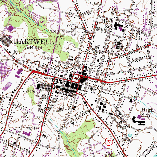 Topographic Map of Hartwell, GA