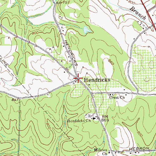 Topographic Map of Hendricks, GA