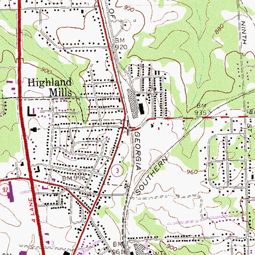 Topographic Map of Highland Mills, GA