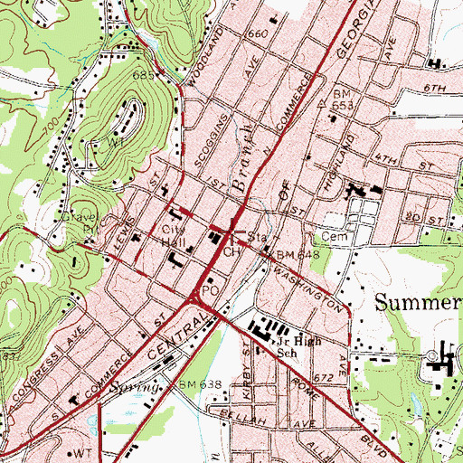 Topographic Map of Summerville, GA