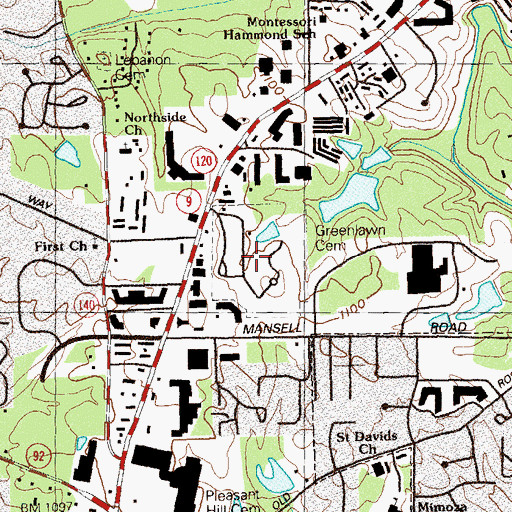 Topographic Map of Green Lawn Cemetery and Mausoleum, GA