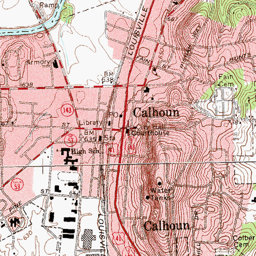 Topographic Map of Gordon County Courthouse, GA