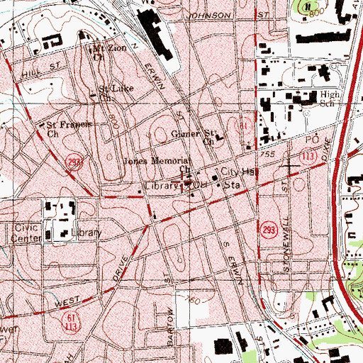 Topographic Map of Cartersville Main Street Library, GA