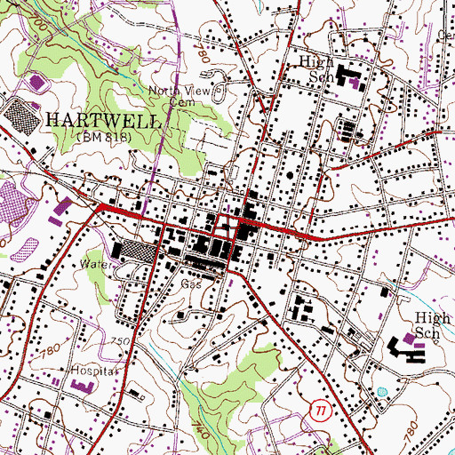 Topographic Map of Hart County Courthouse, GA