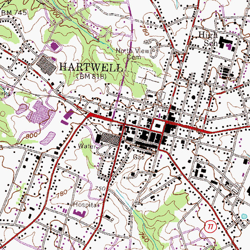 Topographic Map of Hartwell Baptist Church, GA