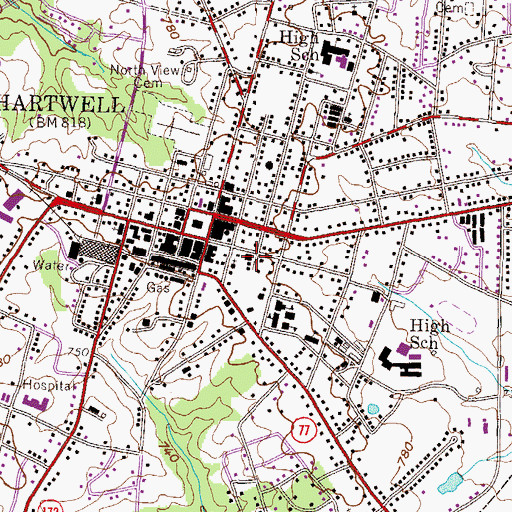 Topographic Map of Hartwell City Hall, GA