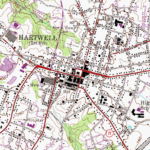 Topographic Map of Hartwell Commercial Historic District, GA