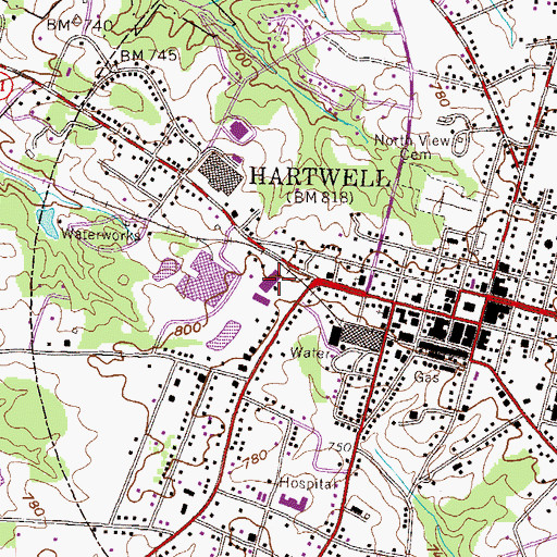 Topographic Map of Hartwell Plaza Shopping Center, GA