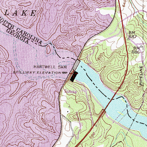 Topographic Map of Hartwell Dam, GA