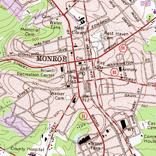 Topographic Map of Monroe City Hall, GA