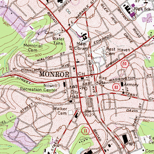 Topographic Map of Monroe Commercial Historic District, GA